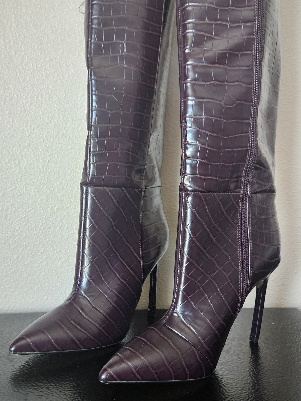 Express Women's Croc-Embossed Pointed Toe Knee Boots in Deep Plum - Picture 5 of 5